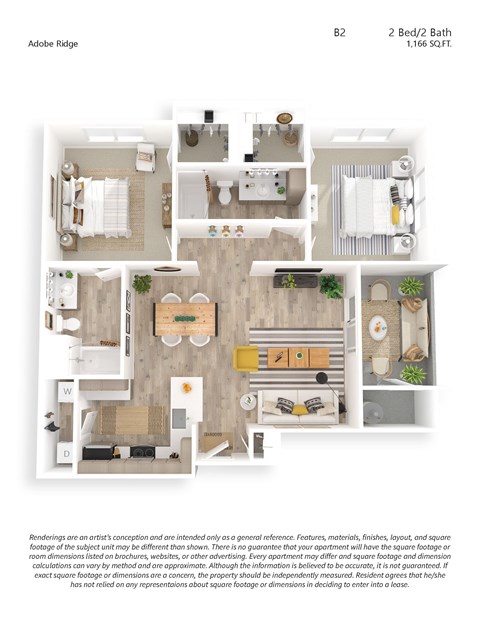 Floor plan for 2 beds, 2 baths, 1166 sqft